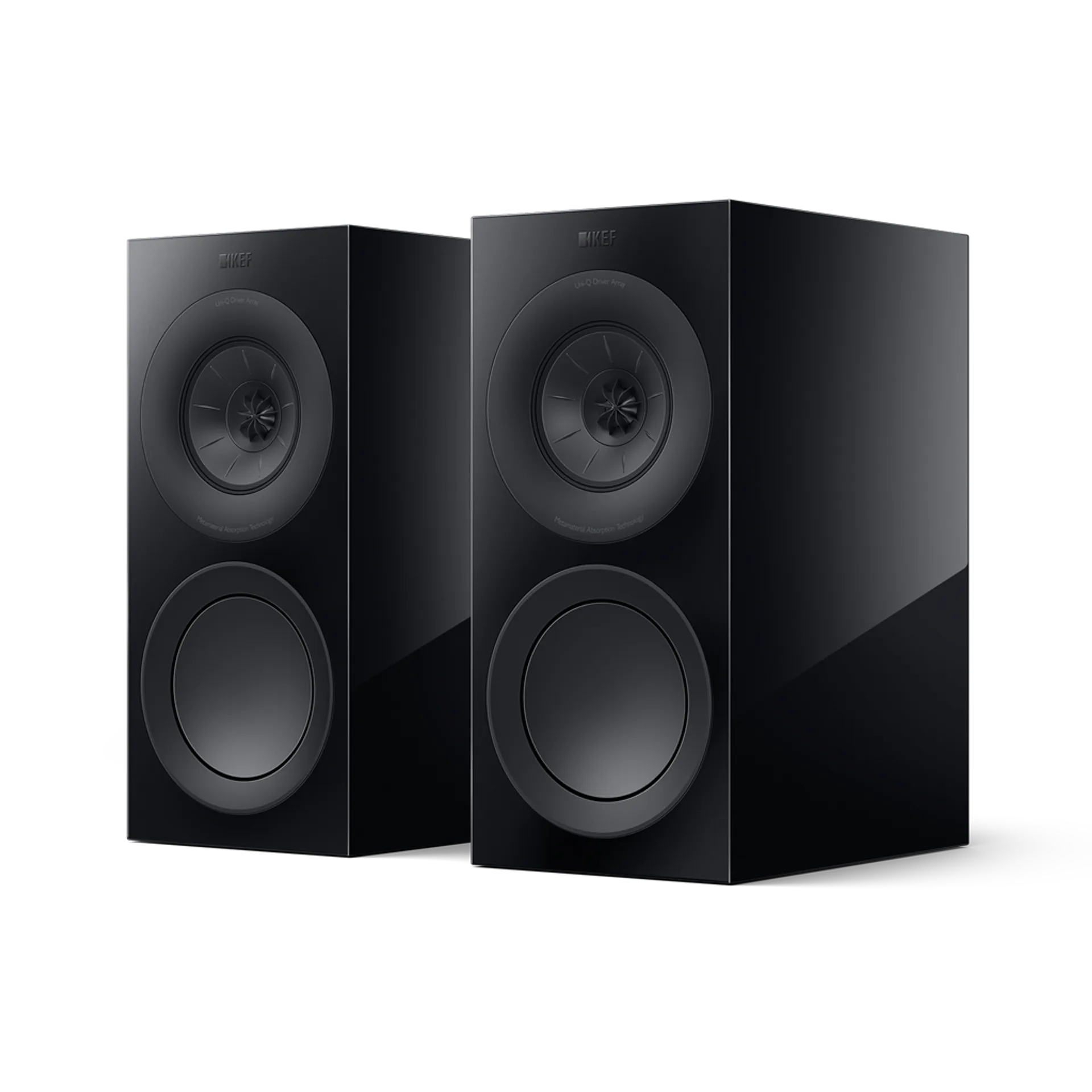 Loa bookshelf KEF R3 Meta Black Gloss góc nghiêng trên nền trắng