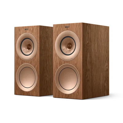 Loa bookshelf KEF R3 Meta Walnut veneer gỗ góc nghiêng trên nền trắng
