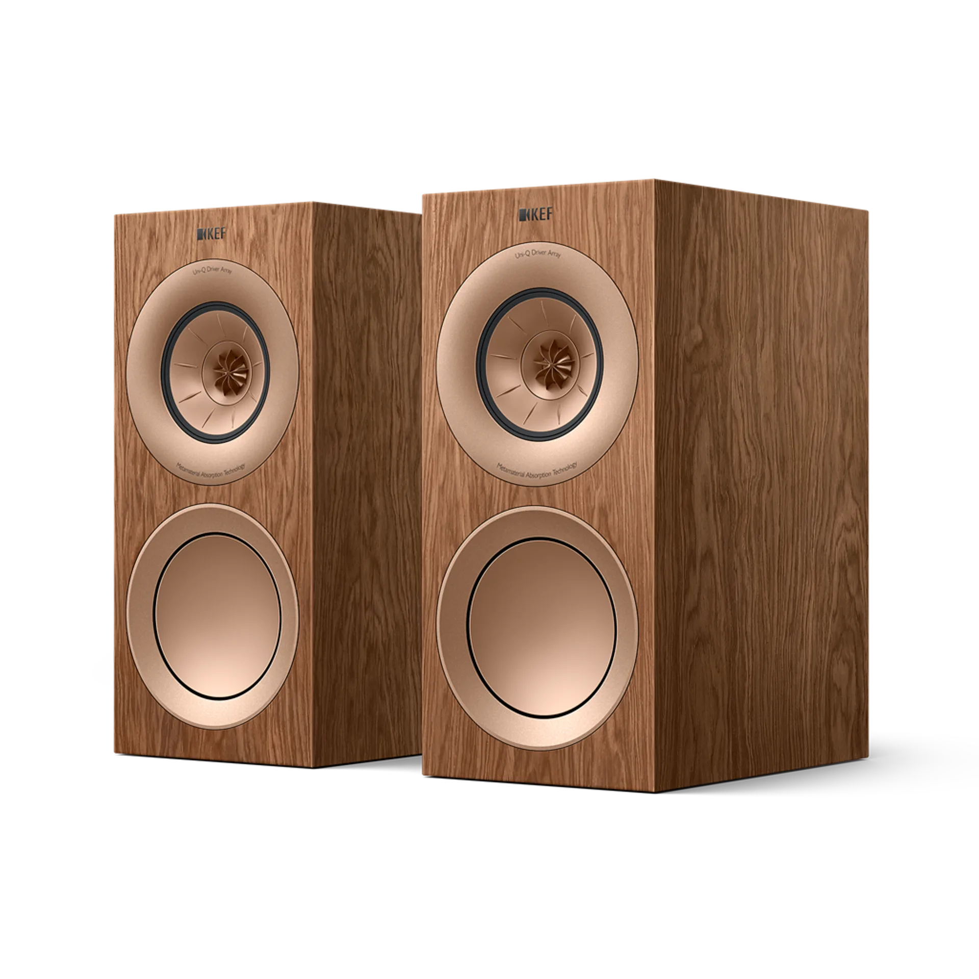 Loa bookshelf KEF R3 Meta Walnut veneer gỗ góc nghiêng trên nền trắng