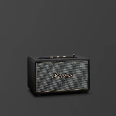 Marshall Acton IV màu Black, loa home Bluetooth compact nhìn góc nghiêng trên nền xám