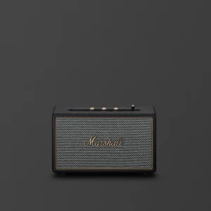 Marshall Acton IV Black mặt trước với logo vàng và lưới vải salt-and-pepper