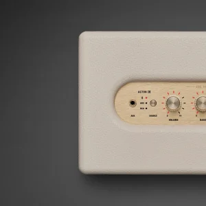 Mặt điều khiển Marshall Acton IV Cream: cổng AUX 3,5 mm, nút Source, LED BT AUX RCA