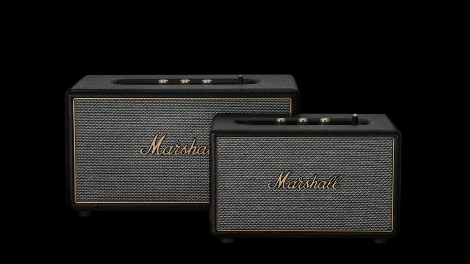 Marshall Acton IV và Stanmore IV màu đen đặt cạnh nhau, Stanmore IV là loa home mid-size Homeline IV