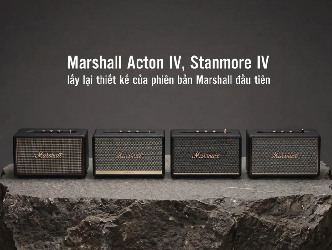 Bốn đời loa Marshall home Acton và Stanmore xếp hàng, thiết kế lấy cảm hứng từ amp Marshall cổ điển, gồm Acton IV và Stanmore IV