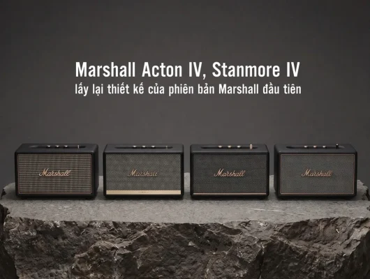 Bốn đời loa Marshall home Acton và Stanmore xếp hàng, thiết kế lấy cảm hứng từ amp Marshall cổ điển, gồm Acton IV và Stanmore IV