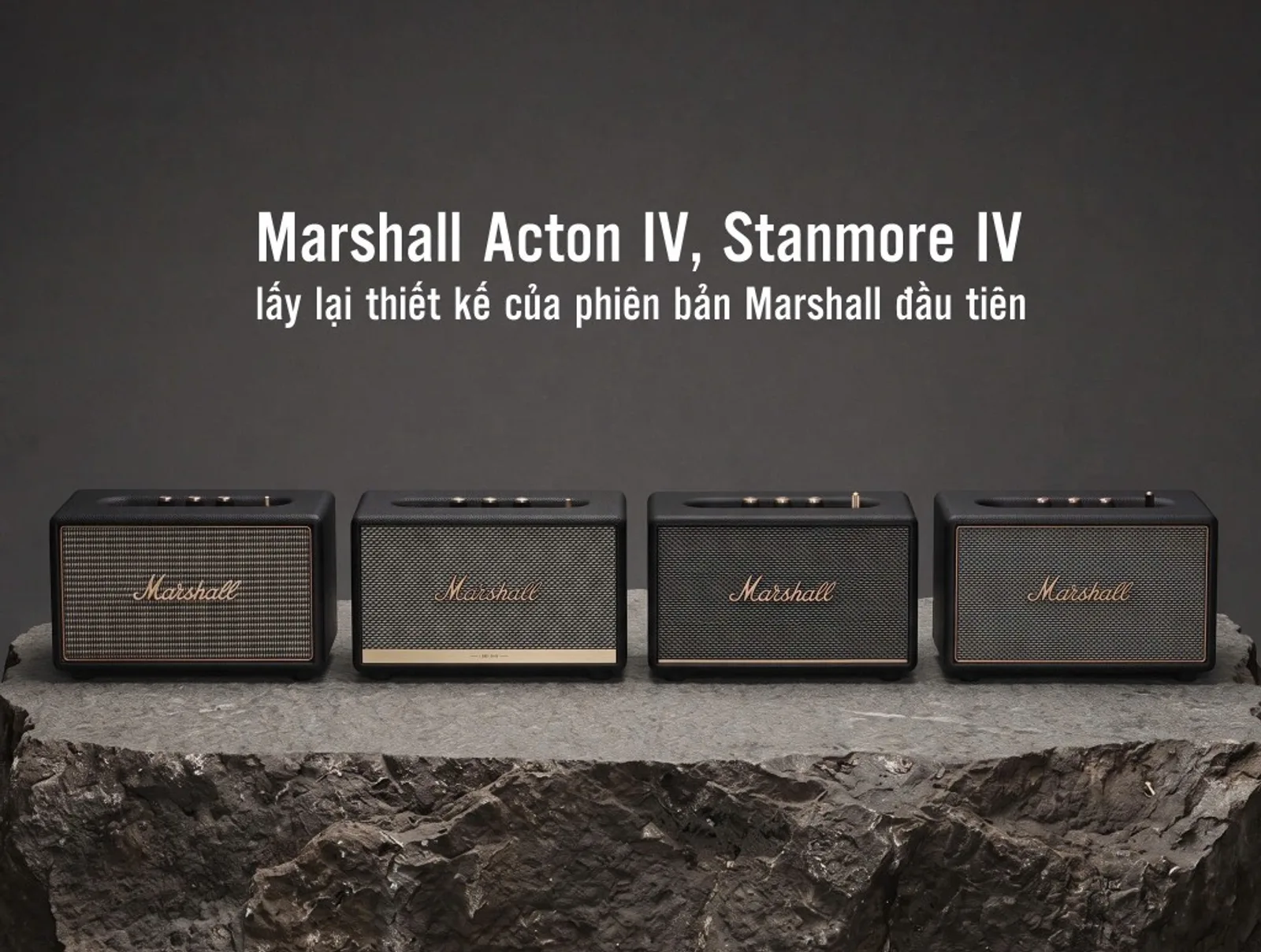 Four generations of Marshall home Acton and Stanmore speakers in a row, classic amp-inspired design including Acton IV and Stanmore IV