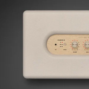 Cận cảnh bảng điều khiển Marshall Stanmore IV đen với núm volume bass và LED nguồn Bluetooth