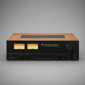 NAD C 3050 BluOS ampli stereophonic vỏ gỗ, hai đồng hồ VU vàng và bảng điều khiển đen