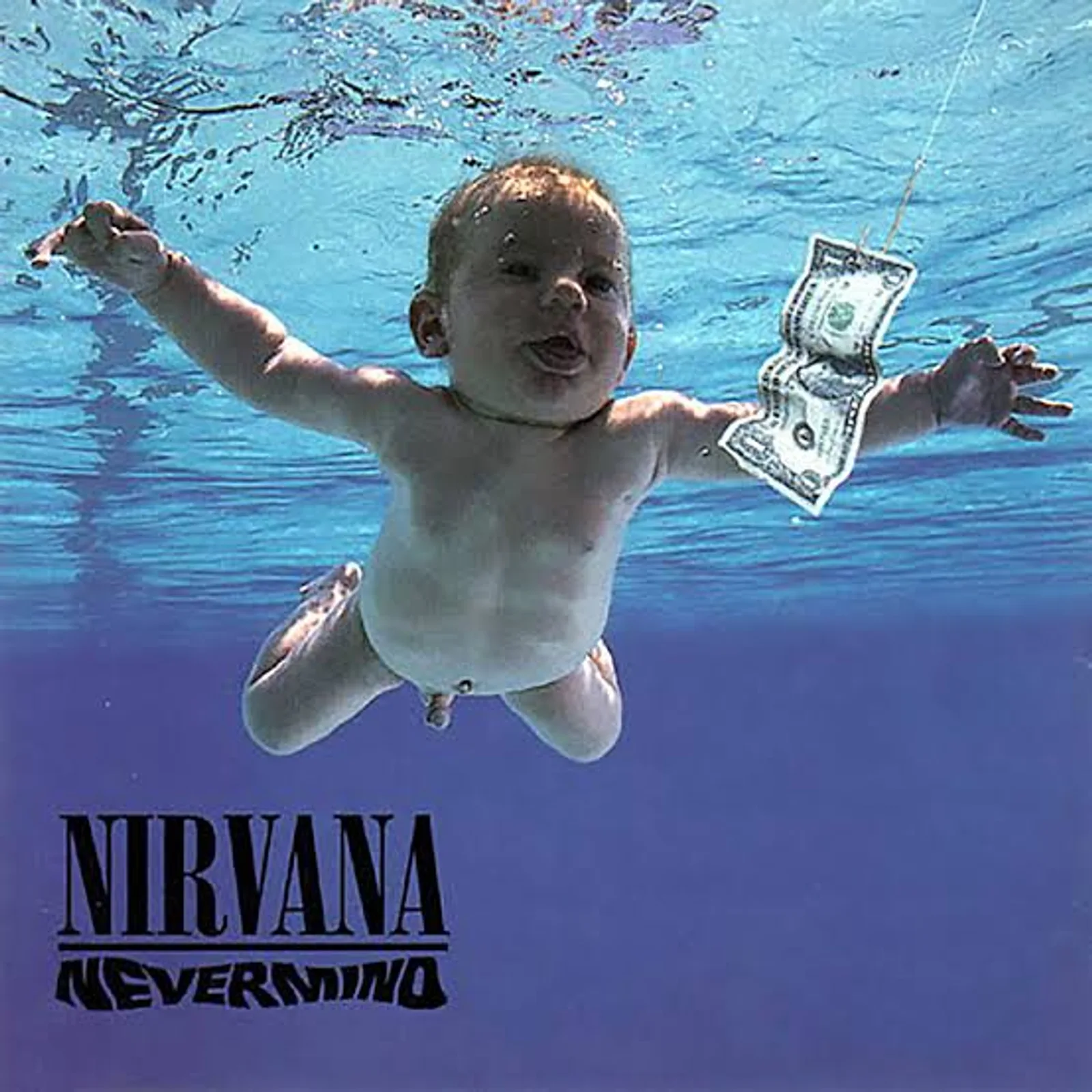 Bìa album Nirvana Nevermind 1991: em bé dưới nước với đô la móc câu