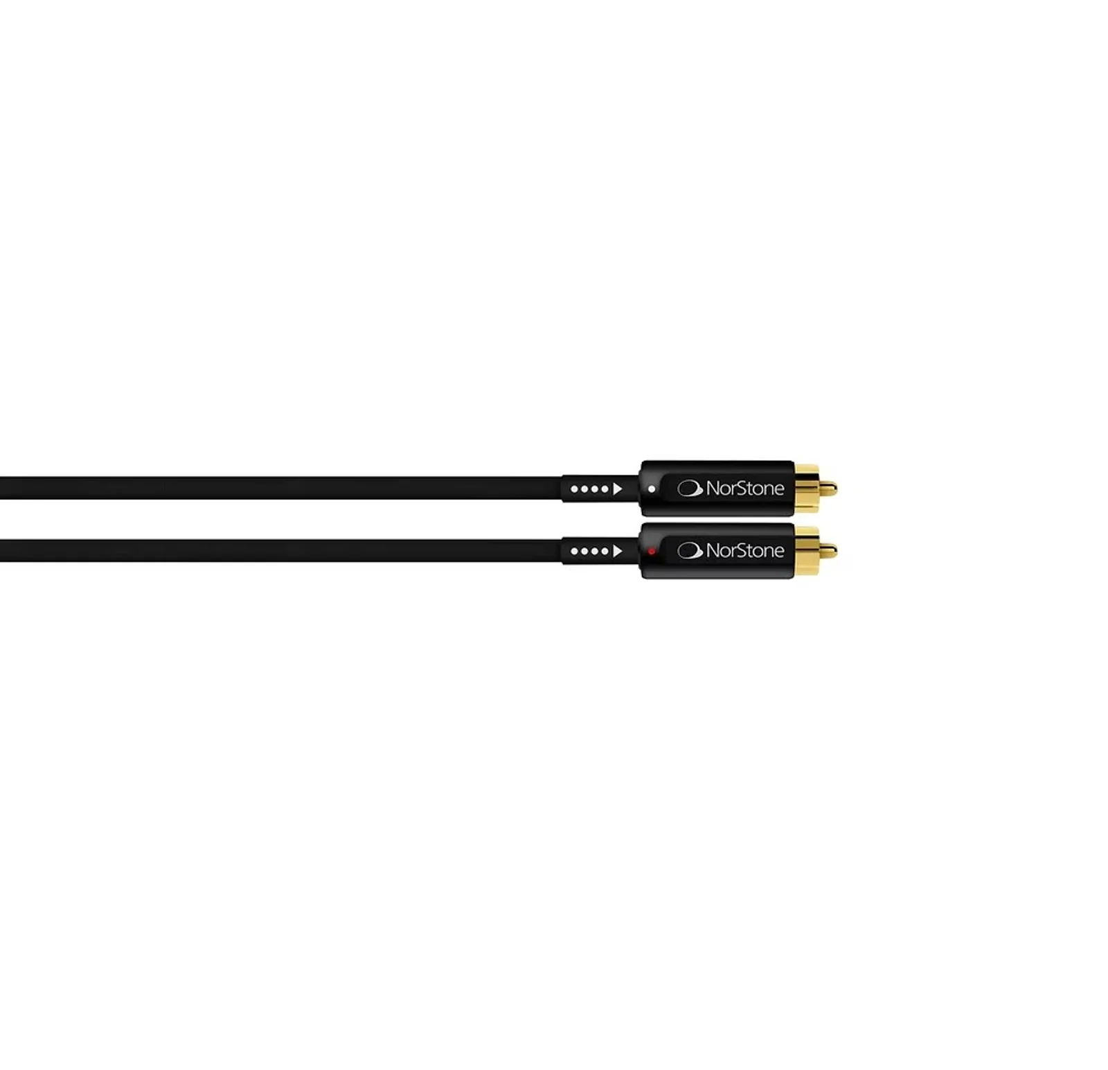 Cận cảnh jack RCA NorStone Arran mạ vàng, vỏ đen, chấm đỏ trắng phân kênh và mũi tên hướng tín hiệu
