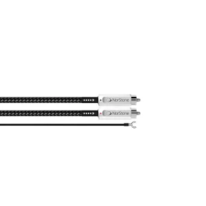 Cận cảnh jack NorStone Jura RCA bạc trắng, chấm đỏ đen phân kênh và dây ground đầu spade