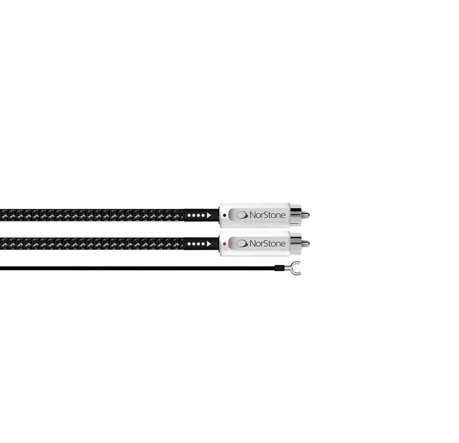 Cận cảnh jack NorStone Jura RCA bạc trắng, chấm đỏ đen phân kênh và dây ground đầu spade