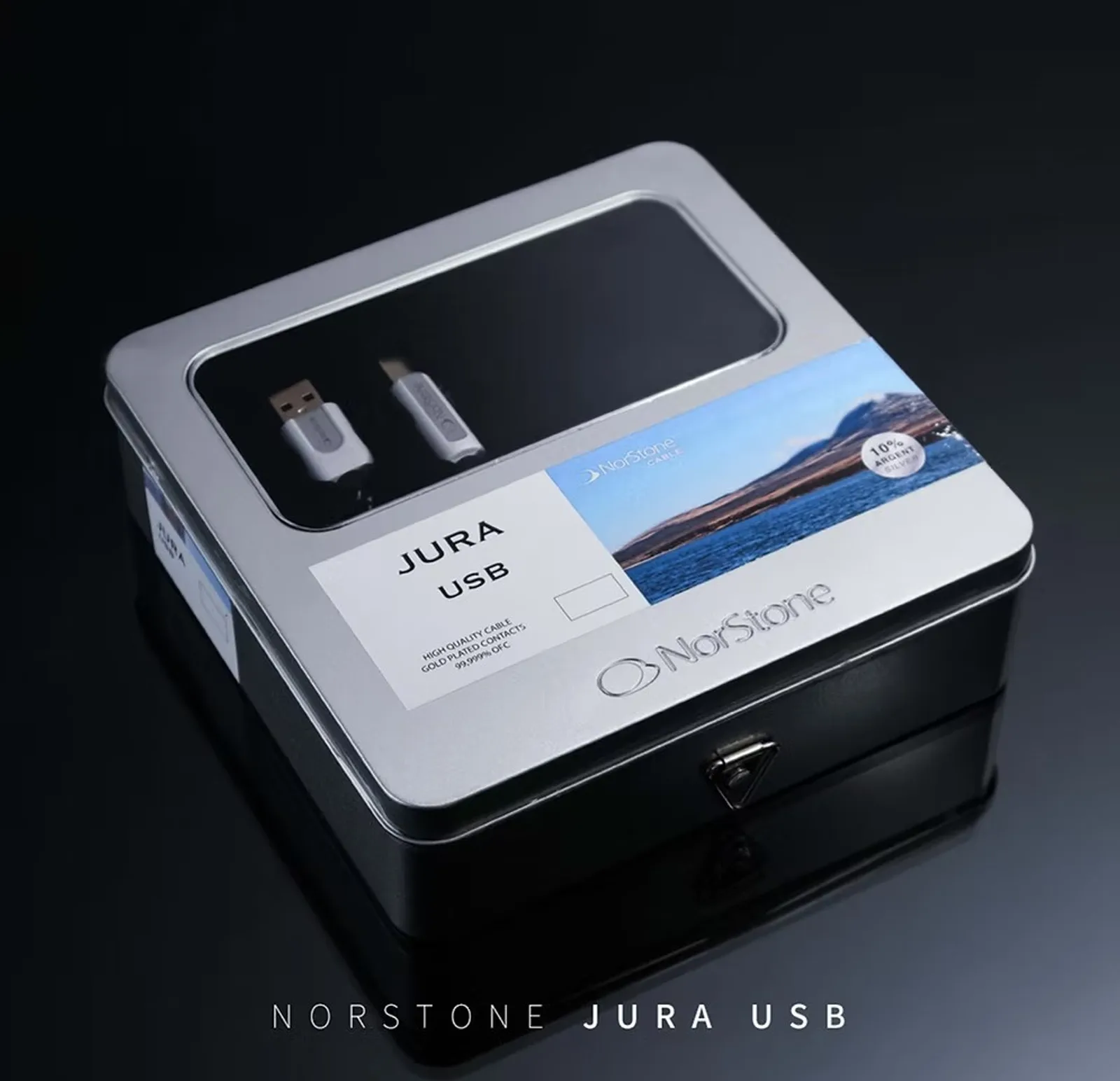 Hộp nhôm NorStone Jura USB với cửa sổ trong, badge 10% Argent Silver và logo NorStone