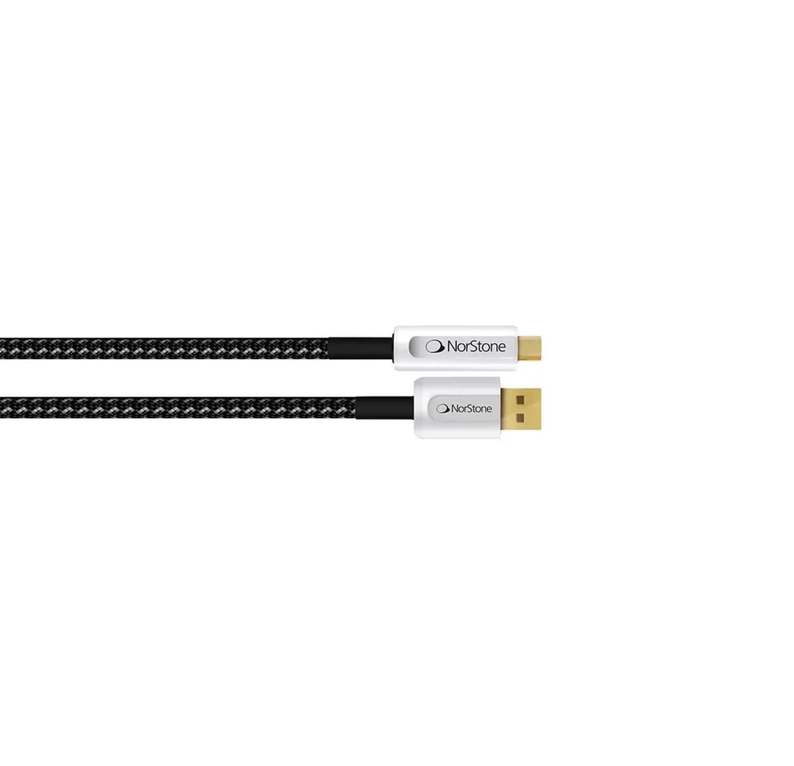 Cận cảnh jack NorStone Jura USB Type-A và Type-B mạ vàng, thân trắng logo NorStone