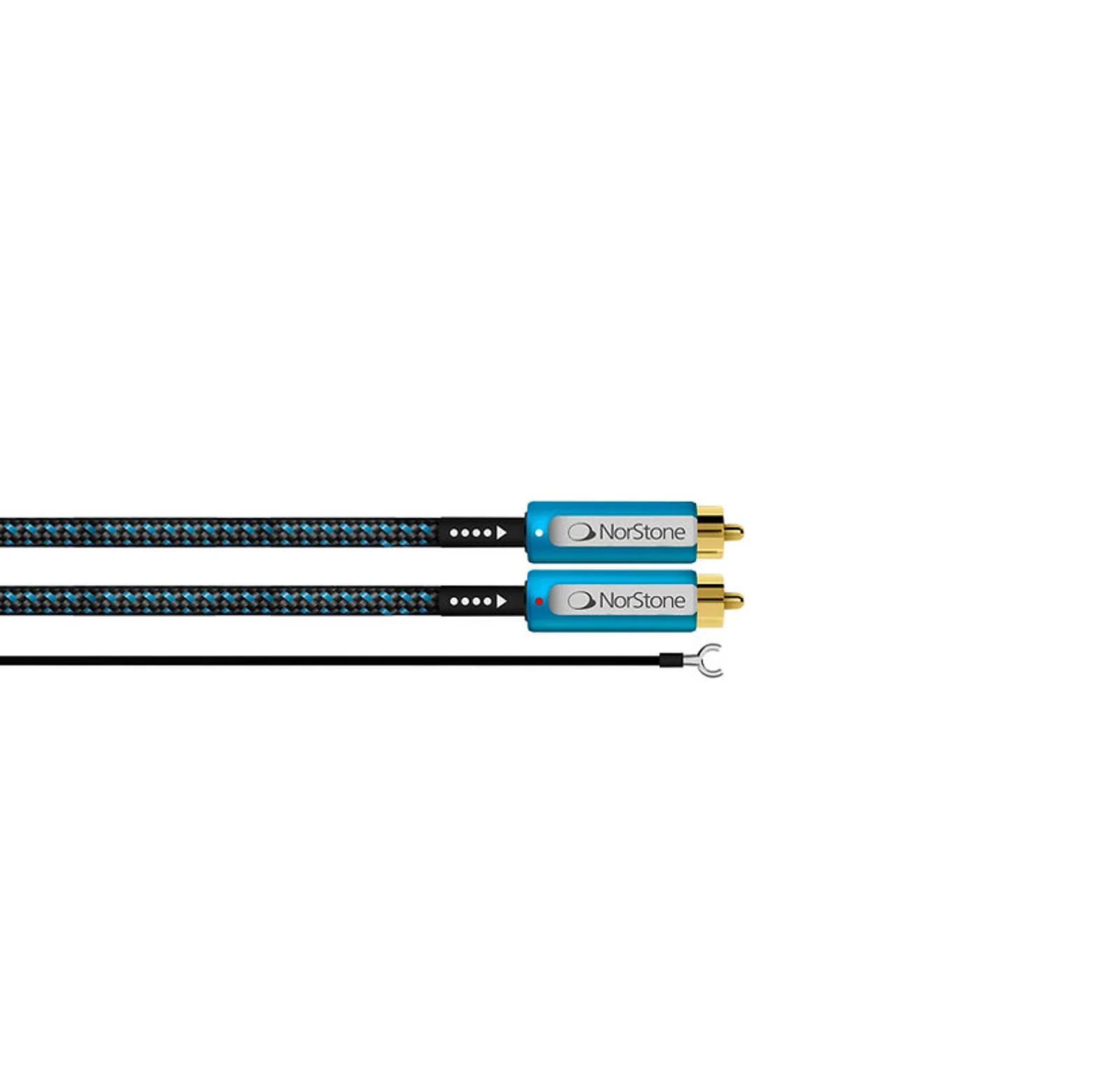 Cận cảnh jack NorStone Skye RCA xanh, chấm đỏ trắng phân kênh và dây ground đầu spade