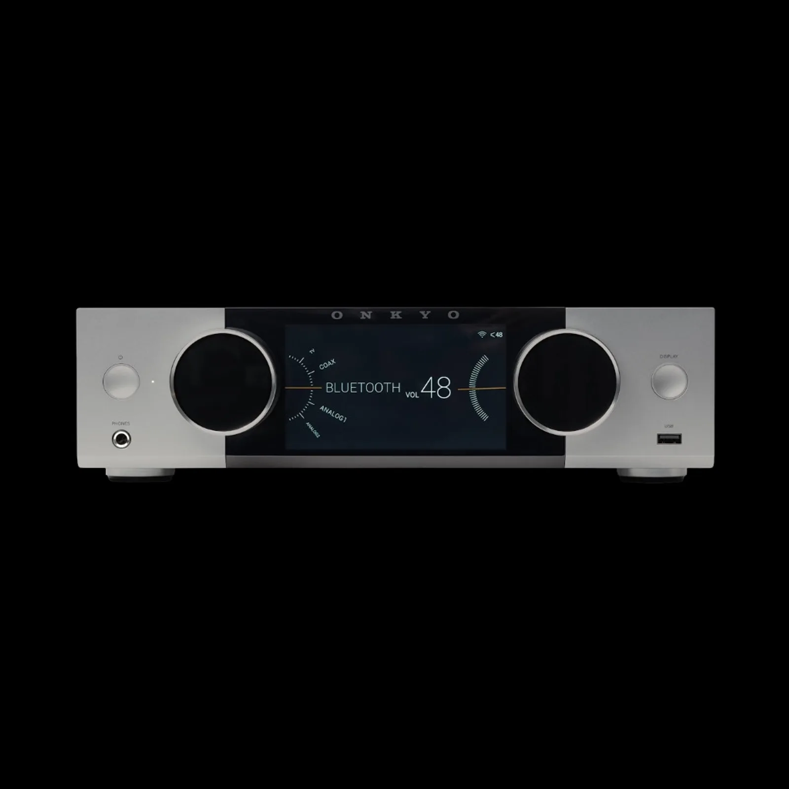 Onkyo Muse Y-40 bạc hiển thị nguồn Analog 1, volume 47 và hai núm điều khiển