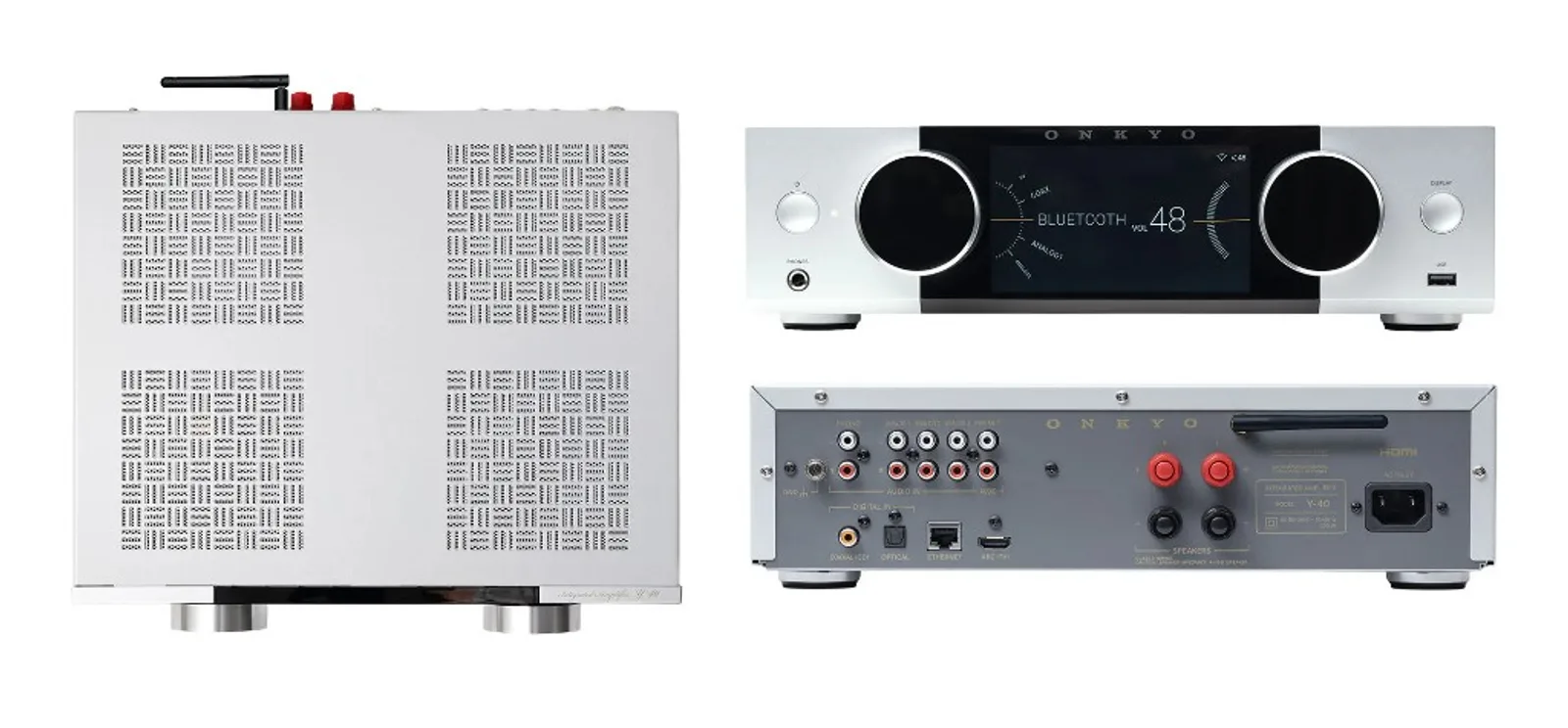 Onkyo Muse Y-40 bạc: mặt trên, mặt trước và mặt sau với đầy đủ cổng kết nối
