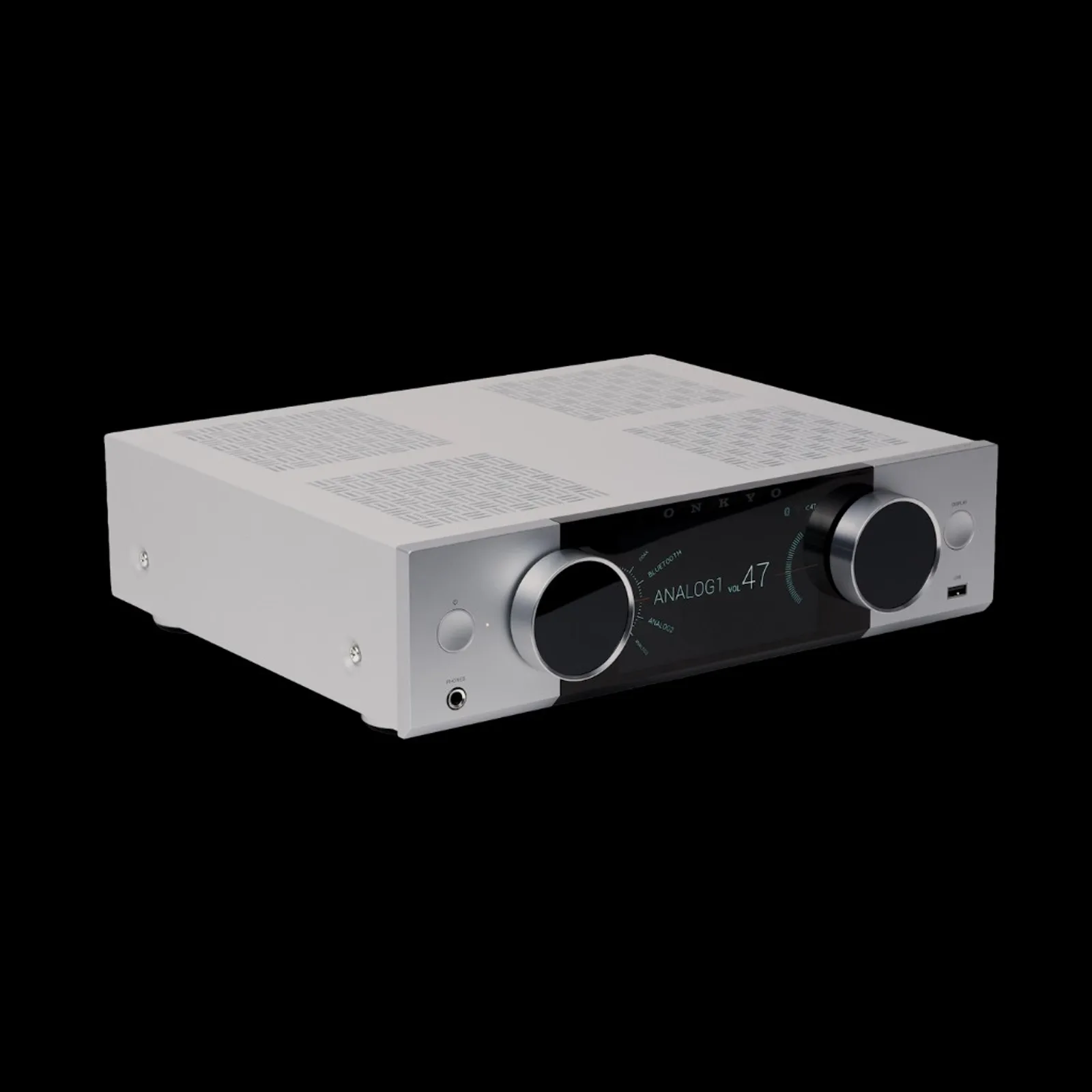 Góc cao ampli Onkyo Muse Y-40 bạc với lưới tản nhiệt và màn hình kỹ thuật số