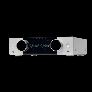 Mặt trước ampli Onkyo Muse Y-40 bạc, màn hình Bluetooth và hai núm điều khiển