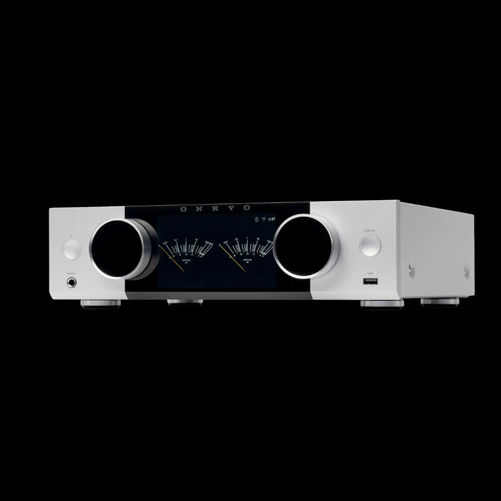 Mặt trước ampli Onkyo Muse Y-40 bạc, màn hình Bluetooth và hai núm điều khiển