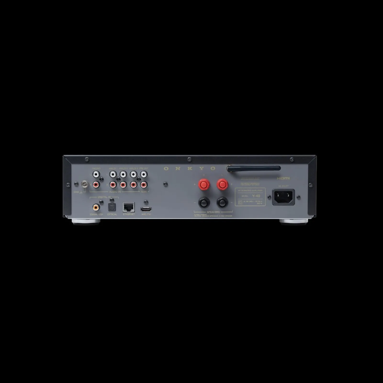 Mặt sau ampli Onkyo Muse Y-40 đen với cổng Phono, RCA, Optical, HDMI ARC và loa