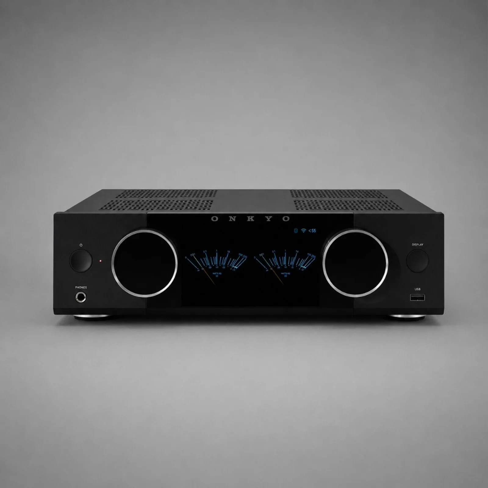 Onkyo Muse Y-40 đen mặt trước studio với đồng hồ VU xanh và hai núm bạc