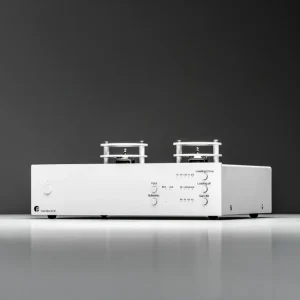 Pro-Ject Tube Box S3 B phono preamp bạc, hai ống đèn và bảng điều khiển mặt trước