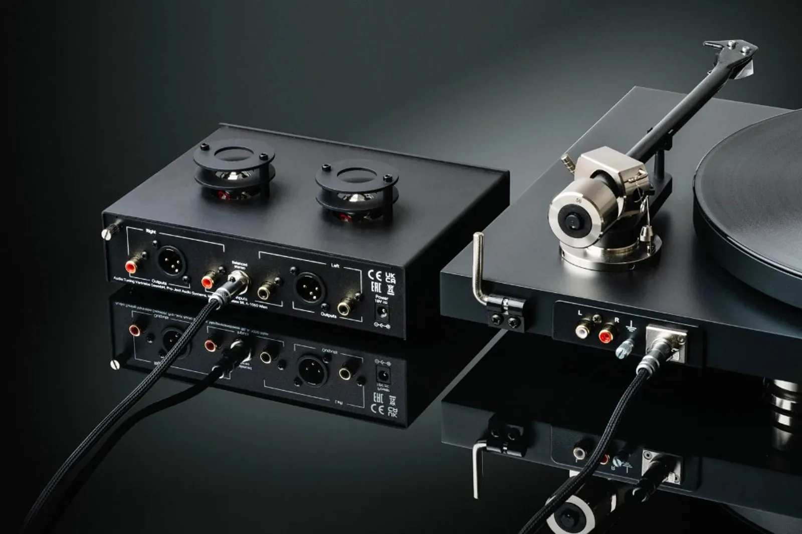 Mặt sau Pro-Ject Tube Box S3 B đen với cổng XLR, RCA và kết nối đĩa than