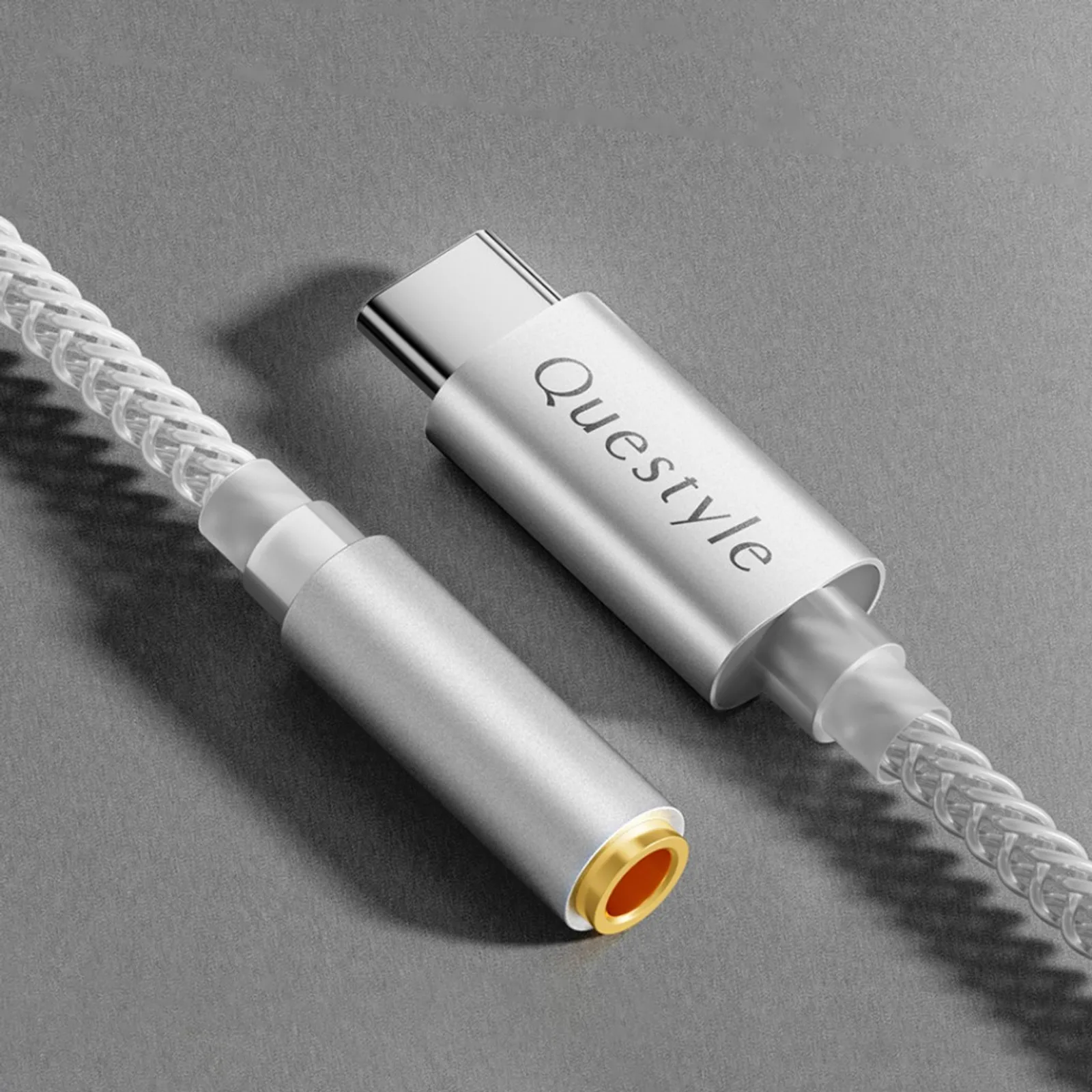Questyle Qlink-C adapter USB-C sang jack 3.5mm với vỏ nhôm bạc và cáp bện bạc