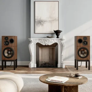 Revival Audio ATALANTE 7 Évo veneer Walnut nhìn nghiêng với chân isolation
