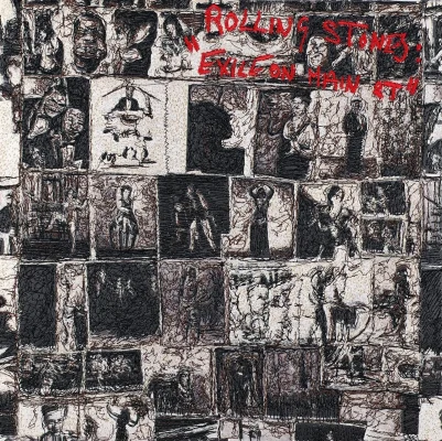 Bìa album The Rolling Stones Exile on Main St. 1972: collage ảnh đen trắng phong cách postcard