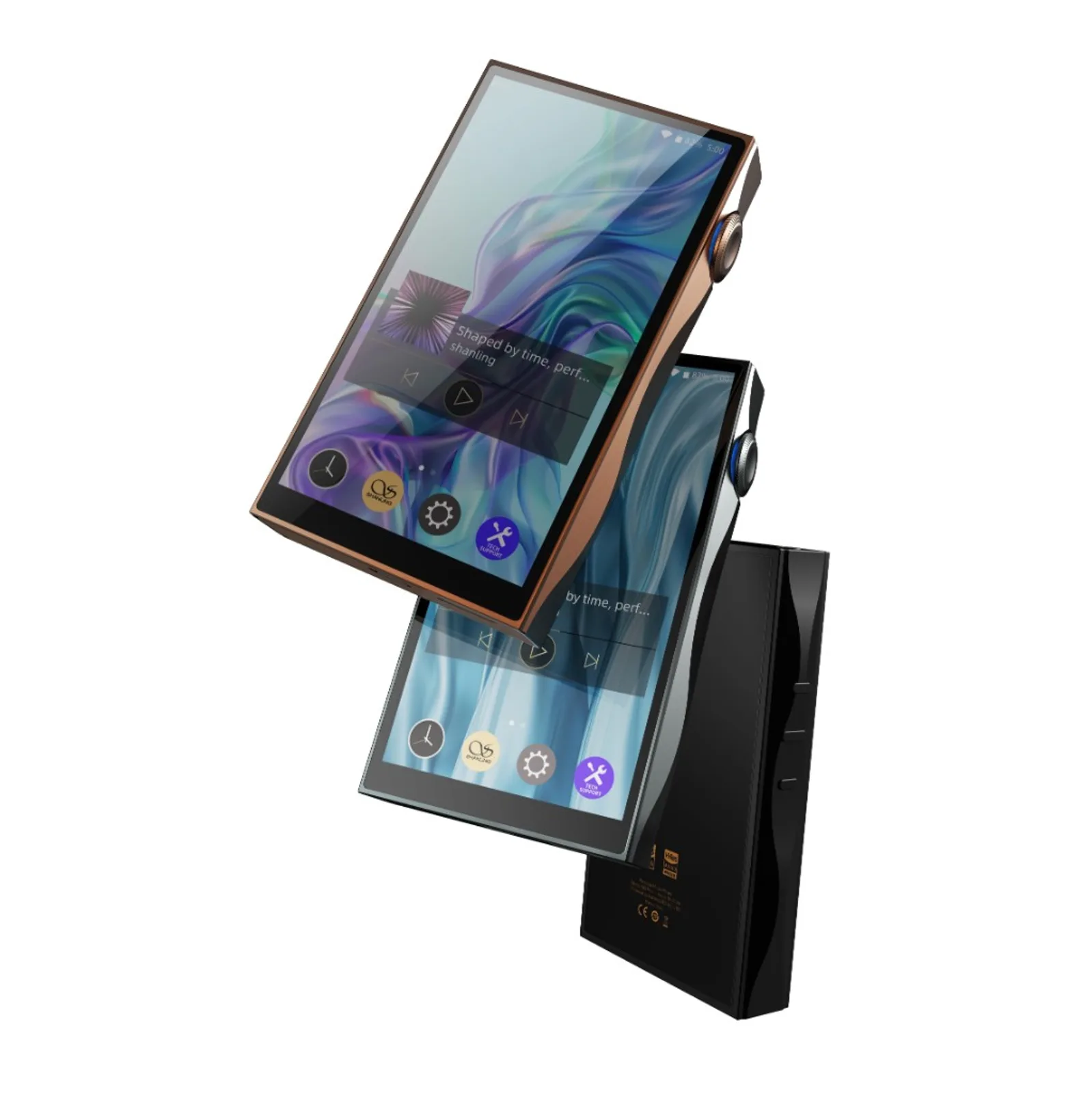 Ba Shanling M3 Plus mocha bạc đen xếp chồng, màn cảm ứng MTouch và logo Hi-Res Wireless