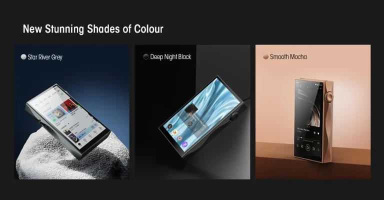 Ba màu Shanling M3 Plus Star River Grey, Deep Night Black và Smooth Mocha trên nền studio