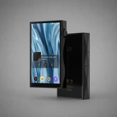 Shanling M3 Plus đen mặt trước màn xanh và mặt sau kính logo Hi-Res Audio