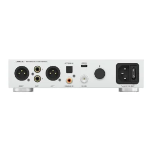 Mặt sau SMSL D200: ngõ ra XLR balanced, RCA, optical, coaxial, USB-C, clock 10MHz, anten Bluetooth và nguồn AC