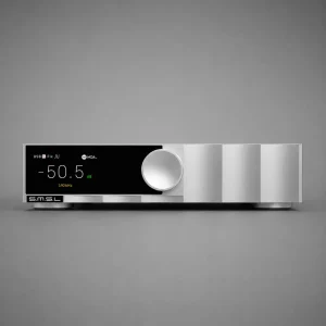 SMSL D200 DAC mặt trước màu bạc, màn hình hiển thị -50.5 dB và 192kHz, núm volume và panel sóng