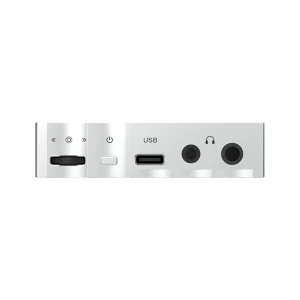 Cận cảnh mặt SMSL DS20: nút cuộn điều hướng, nguồn, cổng USB-C và hai jack tai nghe 3,5 mm và 4,4 mm