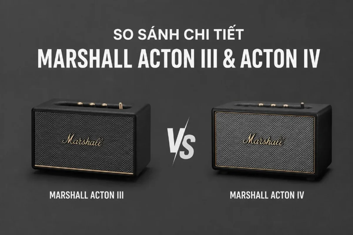So sánh chi tiết Marshall Acton III và Acton IV: hai loa đen cạnh nhau với biểu tượng VS trên nền xám đậm