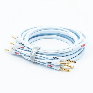 Dây loa Supra PLY 2x2.0 Combicon 3m màu ice blue, đầu banana vàng và dây Velcro SUPRA