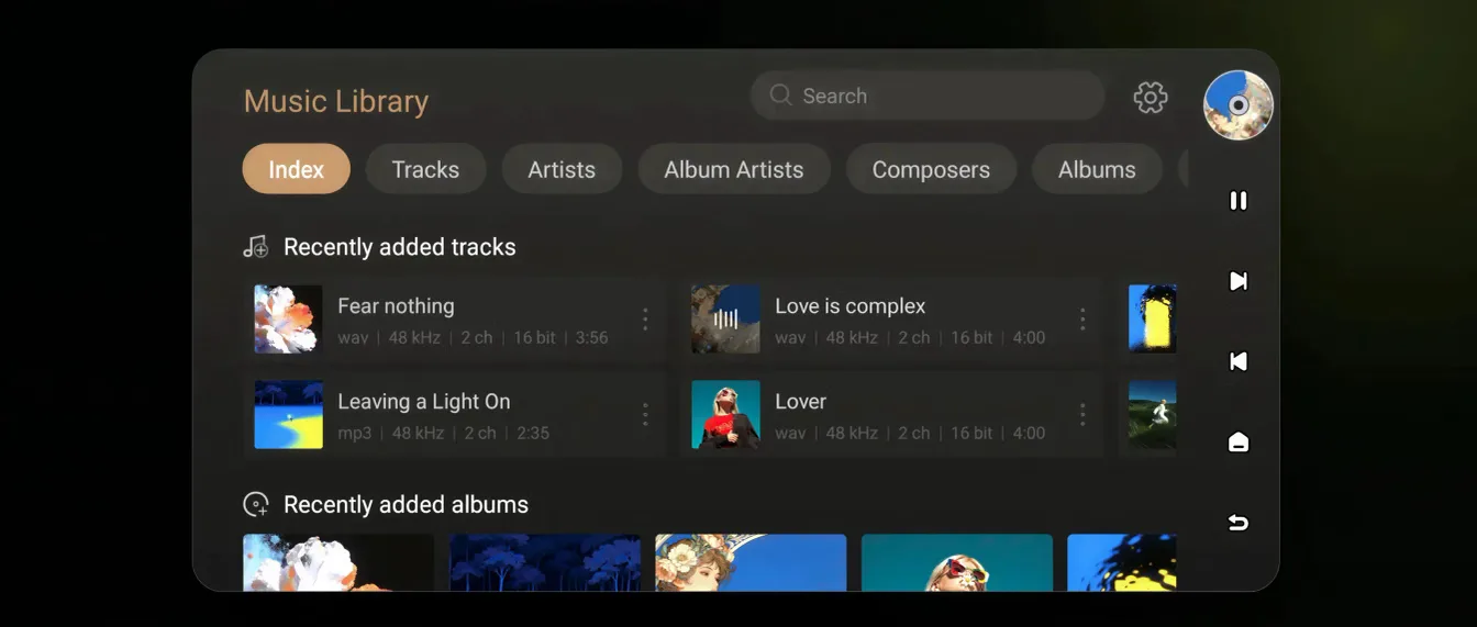 Thư viện nhạc Eversolo tab Index với bài và album mới thêm gần đây