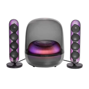 Harman Kardon SoundSticks 5 Black nhìn thẳng, vòm loa trong suốt và điểm nhấn kim loại