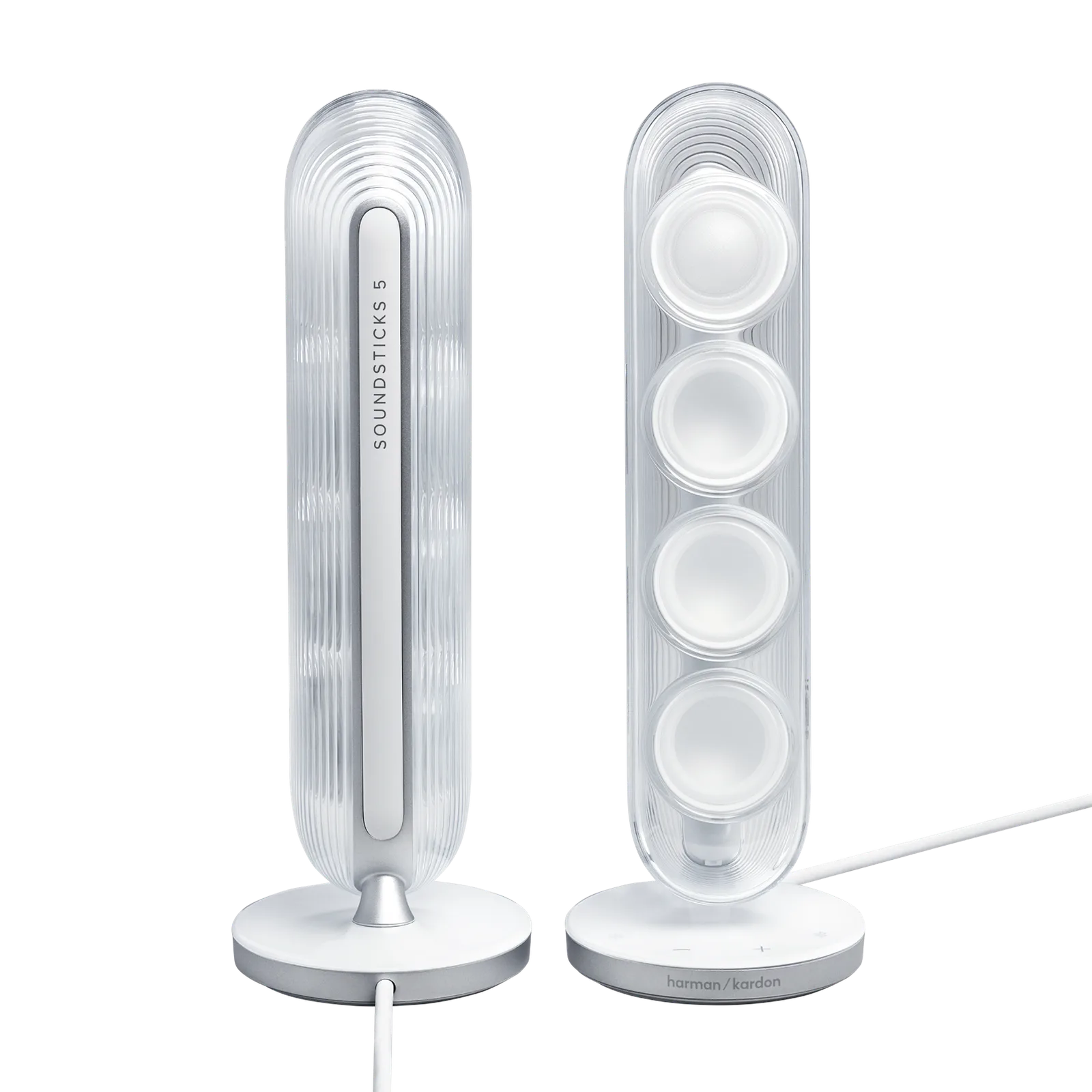 Harman Kardon SoundSticks 5 White nhìn trước và sau: vòm trong suốt và cụm HDMI