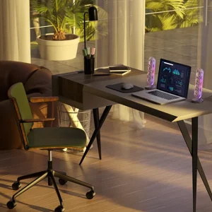 Harman Kardon SoundSticks 5 trong phòng khách: hệ 2.1 trên kệ, đèn trình diễn
