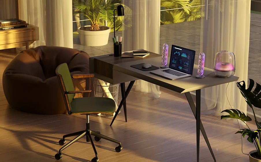 Harman Kardon SoundSticks 5 trong phòng khách: hệ 2.1 trên kệ, đèn trình diễn