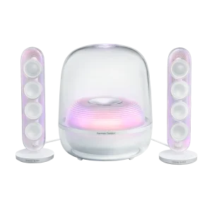 Harman Kardon SoundSticks 5 White nhìn thẳng, vòm loa trong suốt và subwoofer hướng sàn