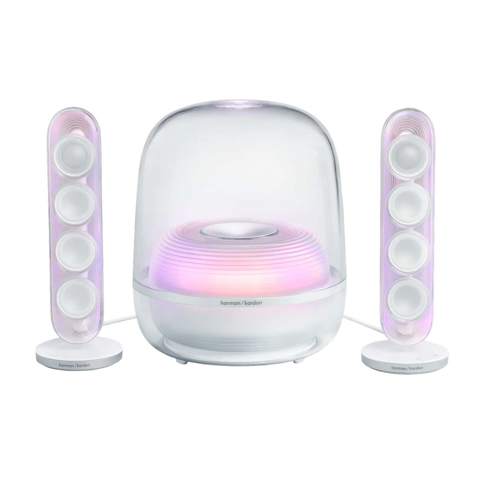 Harman Kardon SoundSticks 5 White nhìn thẳng, vòm loa trong suốt và subwoofer hướng sàn