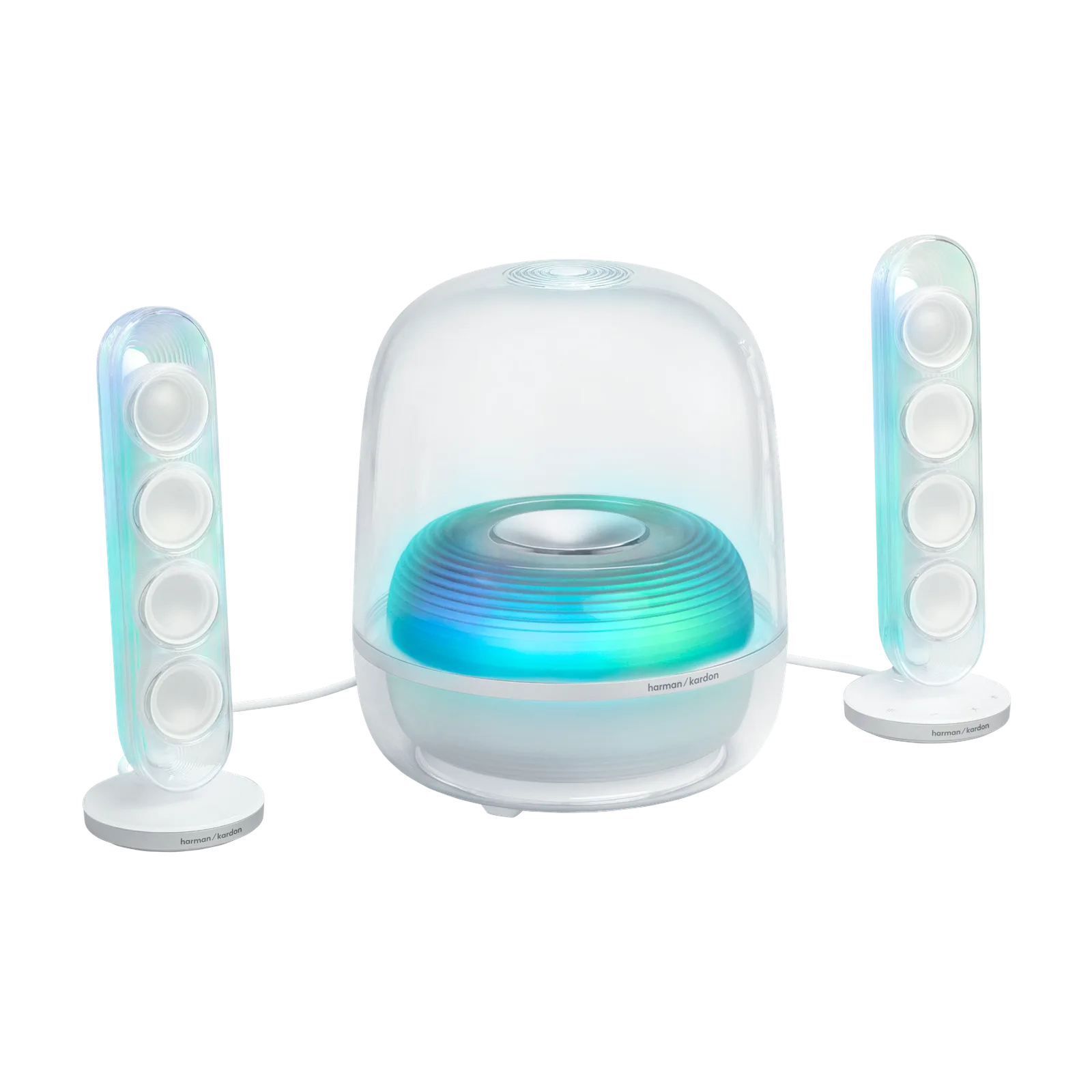 Harman Kardon SoundSticks 5 White: hai loa vệ tinh vòm trong suốt và subwoofer, đèn Aurora