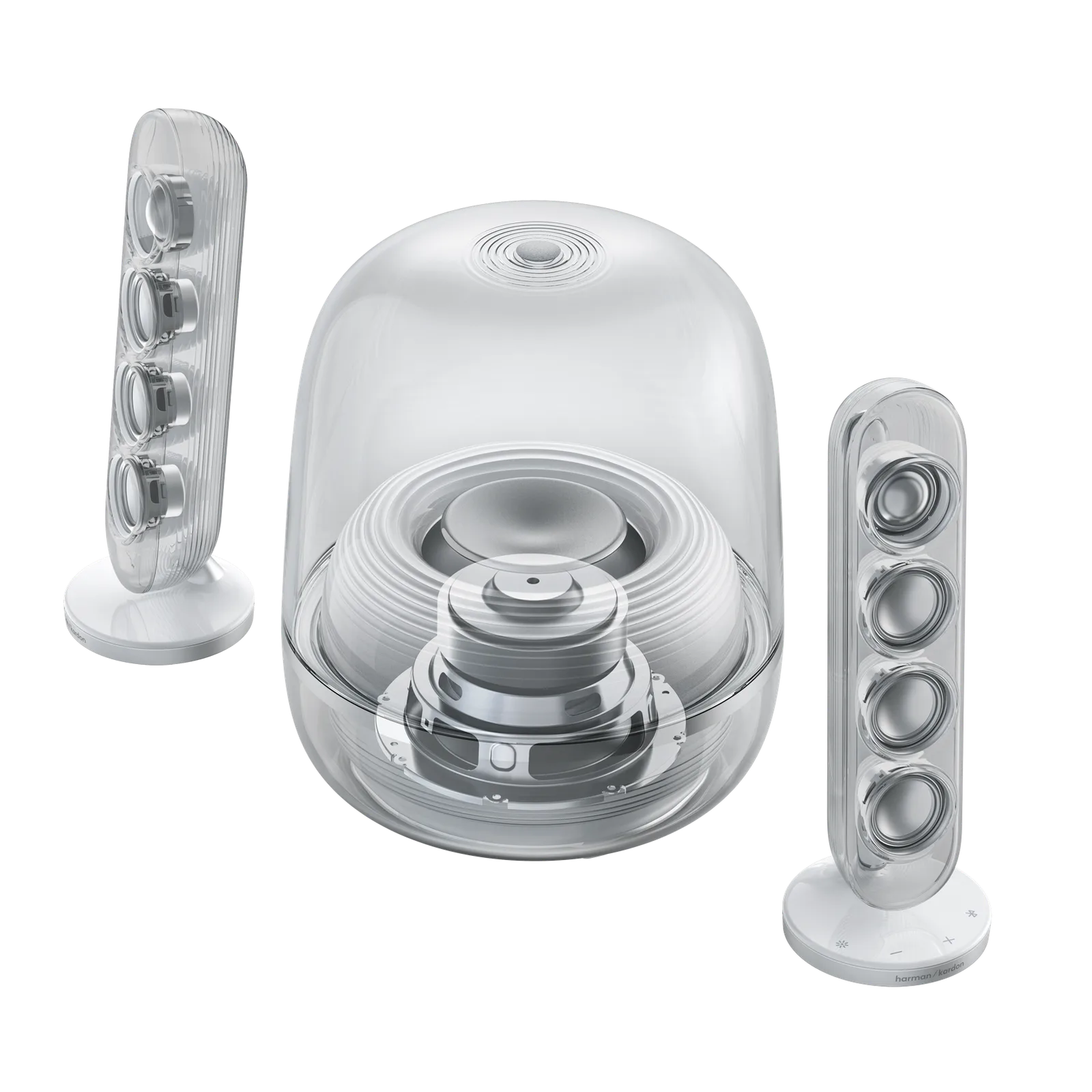 Harman Kardon SoundSticks 5 White x-ray: 6 loa mid 40 mm, 2 tweeter 25 mm và sub 5.25 inch