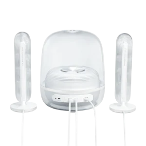 Mặt sau Harman Kardon SoundSticks 5 Wi-Fi White: cụm cổng giấu ở đế loa phải