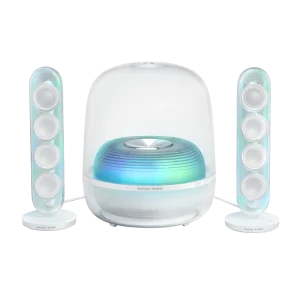 Harman Kardon SoundSticks 5 Wi-Fi White nhìn thẳng, vòm trong suốt và sub hướng sàn